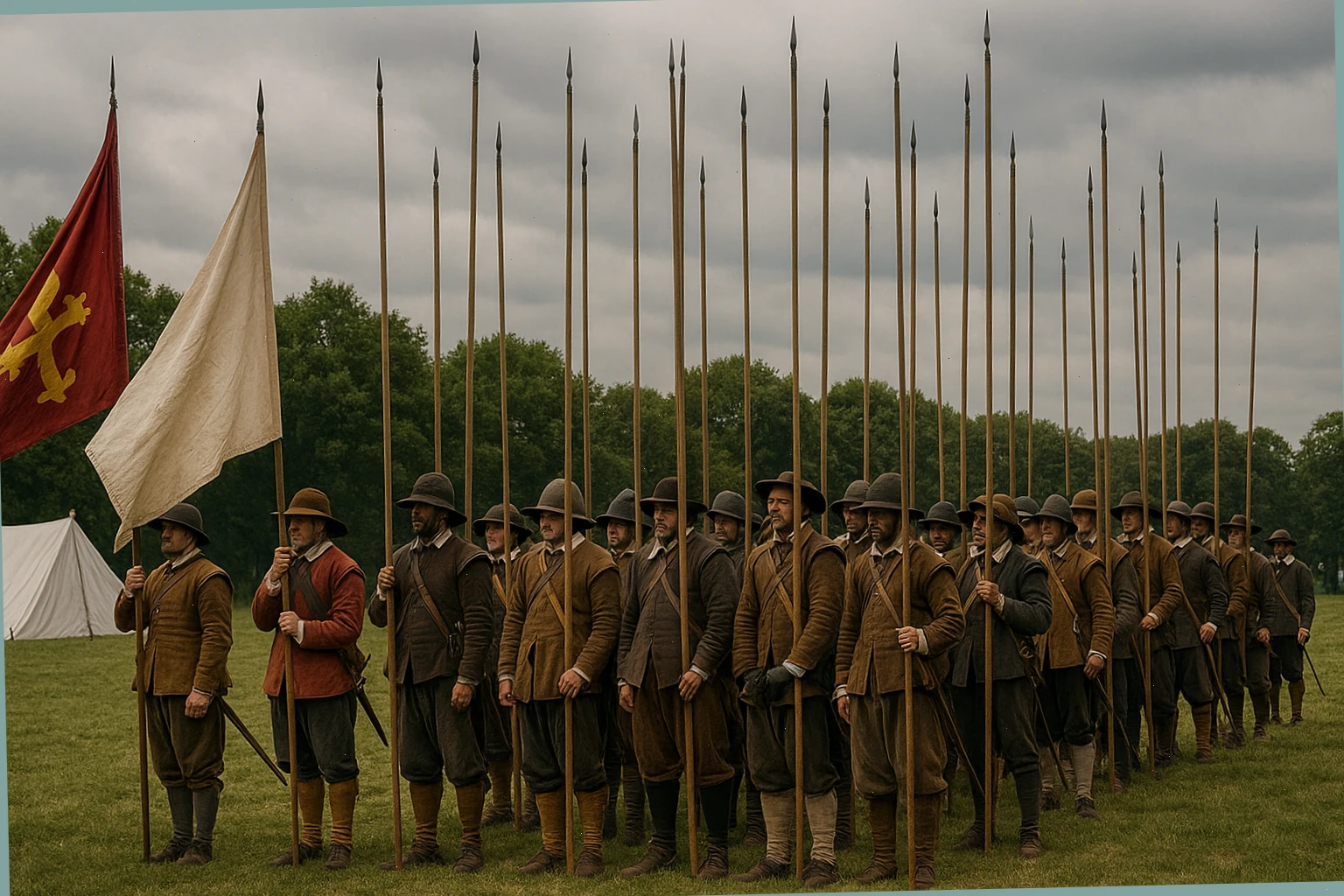Line drill with pikes and flags during a civil war display
