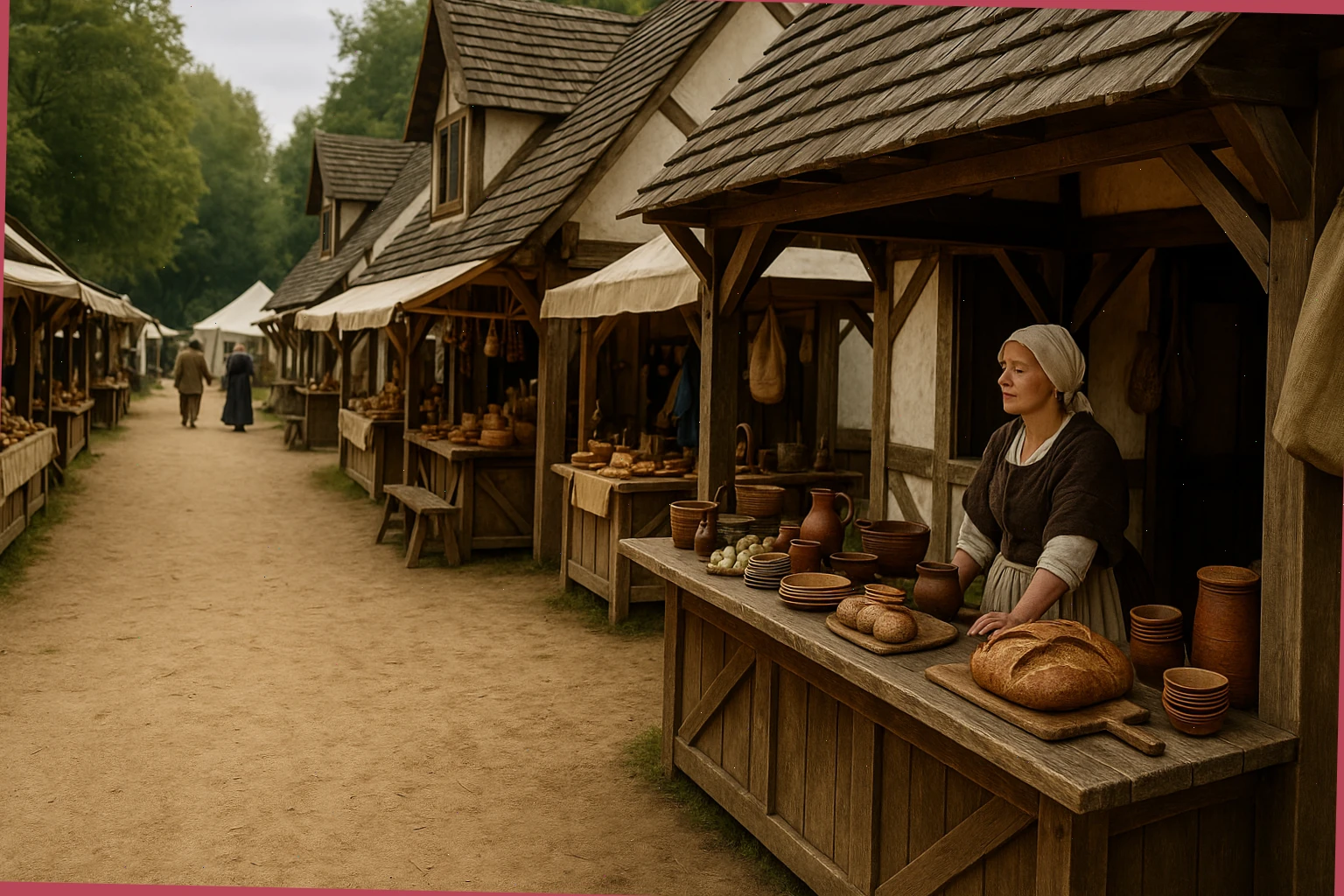 Timbered stalls selling simple fare beside a living history lane