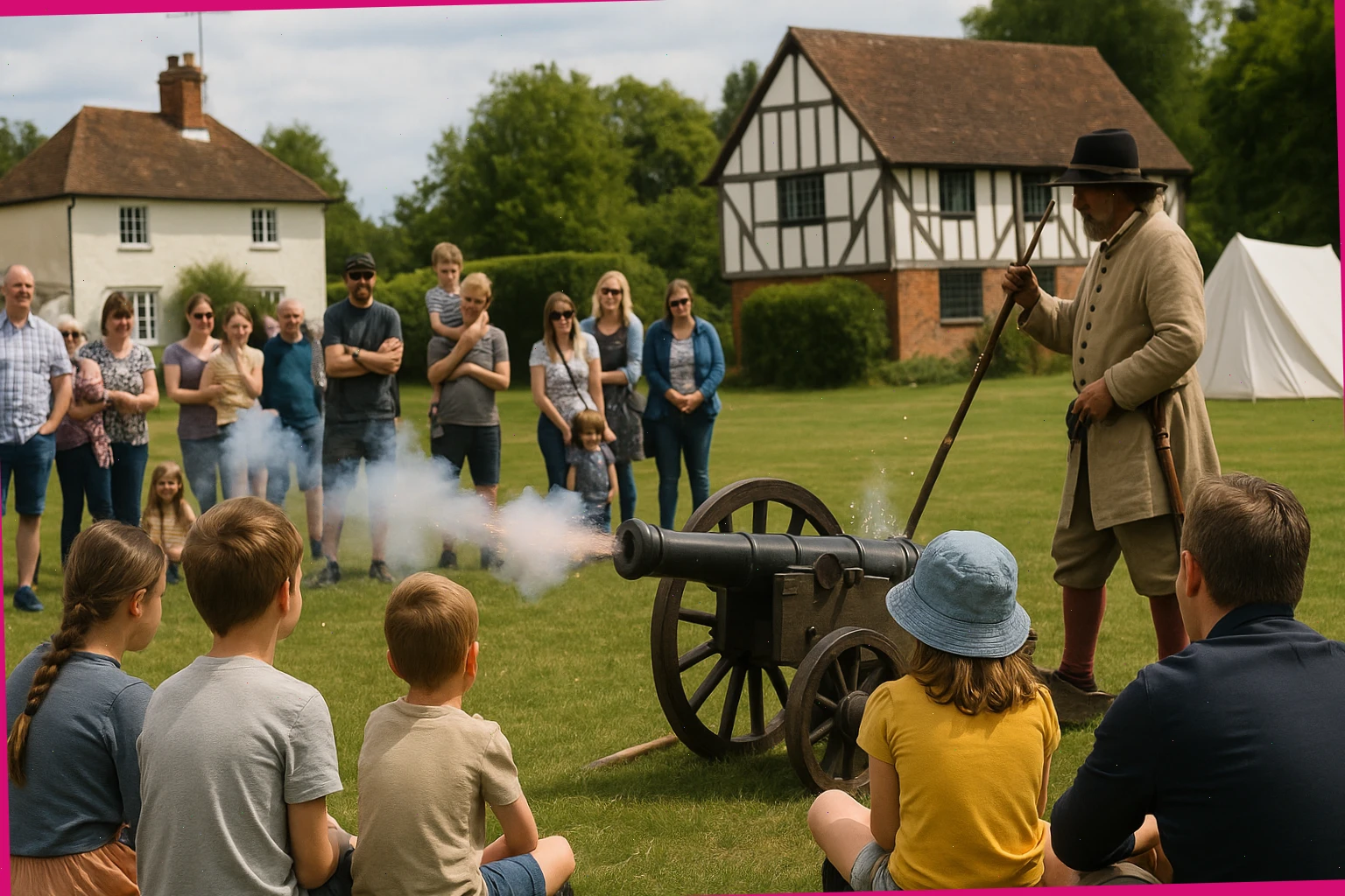 Families watching a small cannon demonstration on a village green